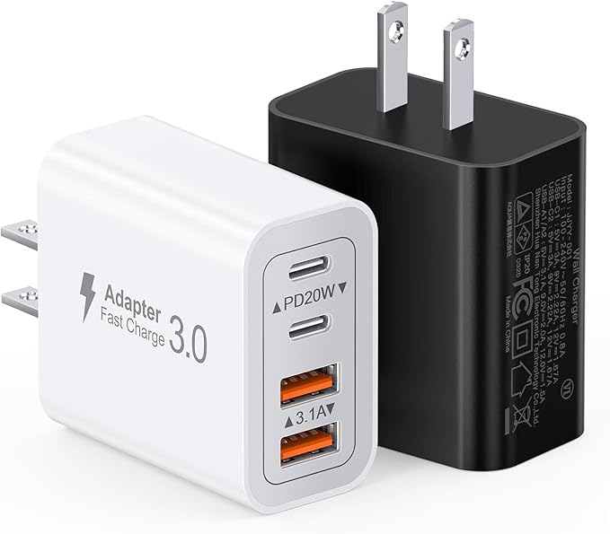 [2-Pack] 40W USB C Charger Block, 4-Port Type C Fast Charging Brick Dual PD&QC Wall Plug Adapter Power Brick for iPhone 13/14/15/16/17/Pro Max/Plus/iPad/Airpods/iwatch/Samsung Galaxy