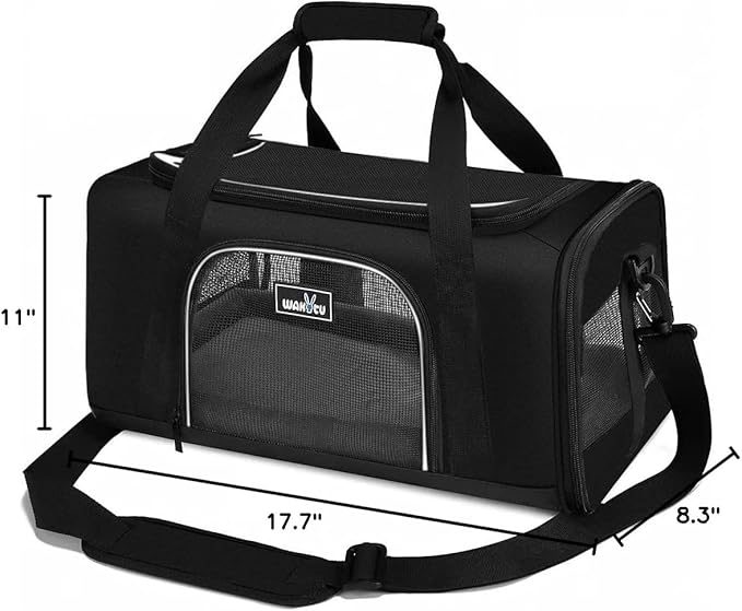 Wakytu TSA Approved Pet Carrier for Small Medium Cats and Dogs | Dog Carrier with Adequate Ventilation | 4 Mesh Windows, 3 Entrance, Locking Safety Zippers, Padded Shoulder Strap, Black