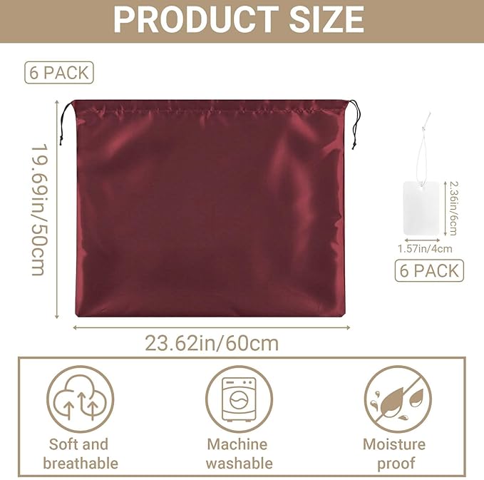 Q&J Fabric Co. 6 Pack Satin Dust Bag 19.7x23.6 inch Burgundy 100% Polyester Silk Bag Purse Dust Bag Shoe Bags for Closet Purse Protector Bag Dust Covers for Purses