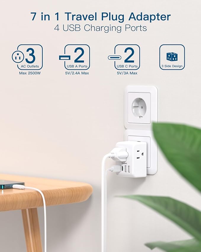 European Travel Plug Adapter, International Power Adapter with 3 Outlets 4 USB Charging Ports(2 USB C), Type C Plug Adapter Travel Essentials to Most Europe EU Spain Italy France Germany, 1 Pack
