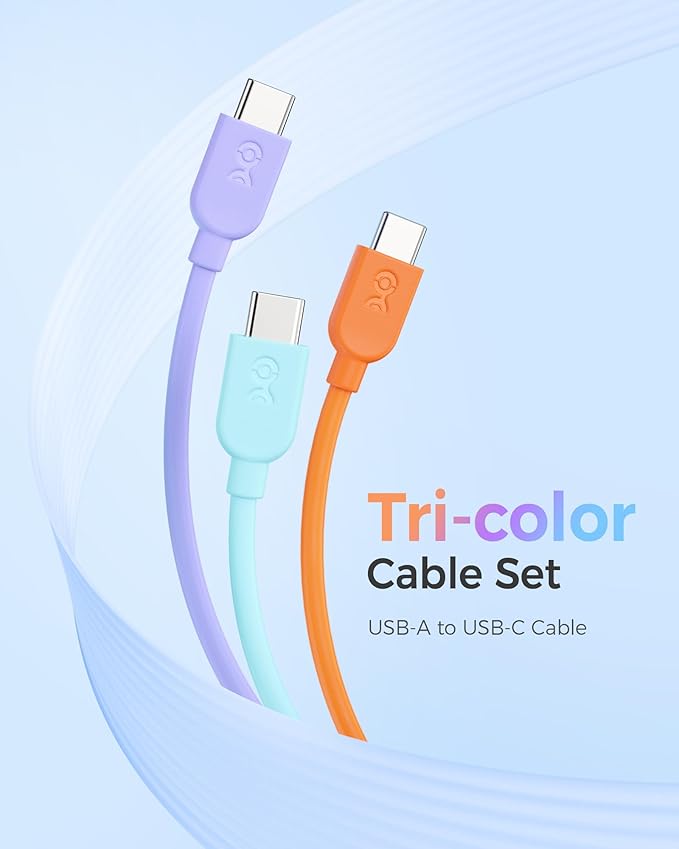 Cable Matters 3-Pack USB A to USB C Cable 6ft in Orange, Blue, Purple, Support Apple CarPlay, Android Auto, USBA to USBC Charging Cable for iPhone 16/15 Pro Max Plus, Galaxy S23