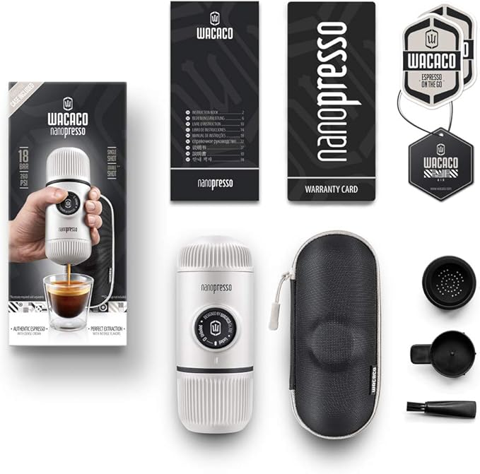WACACO Nanopresso Portable Espresso Maker Bundled with Protective Case, Upgrade Version of Minipresso, Mini Travel Coffee Machine, Perfect for Camping, Travel and Office (New Elements Chill White)