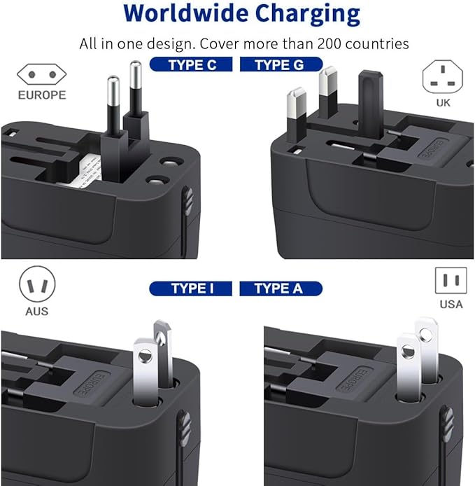 Universal Travel Adapter Worldwide, GaN Fast Charging with PD 3.0 USB-C & USB-A Quick Charge Ports, All-in-One International Power Plug Adapter Converter AC Wall Charger for EU USA UK AUS Bright Black