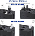 Universal Travel Adapter Worldwide, GaN Fast Charging with PD 3.0 USB-C & USB-A Quick Charge Ports, All-in-One International Power Plug Adapter Converter AC Wall Charger for EU USA UK AUS Bright Black