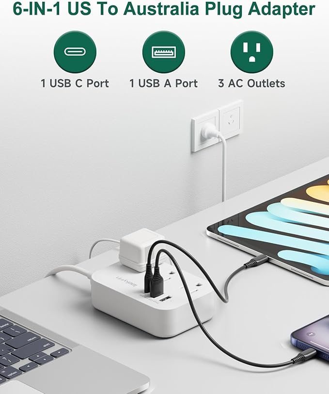 Australia Power Plug Adapter, New Zealand Power Adapter with 3 Outlets 3 USB Charging Ports (1 USB C), Type I Travel Plug for US to New Zealand China Argentina Fiji AU