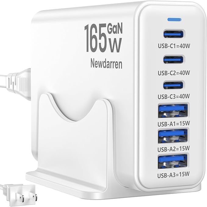 Charging Station for iPhone 17, 165W GaN 6-Port USB C Fast Charger Block, 3 Type-C Each 40W Desktop Charging Hub for Multiple Devices, 5ft Cord - Ideal for Home Office Travel White