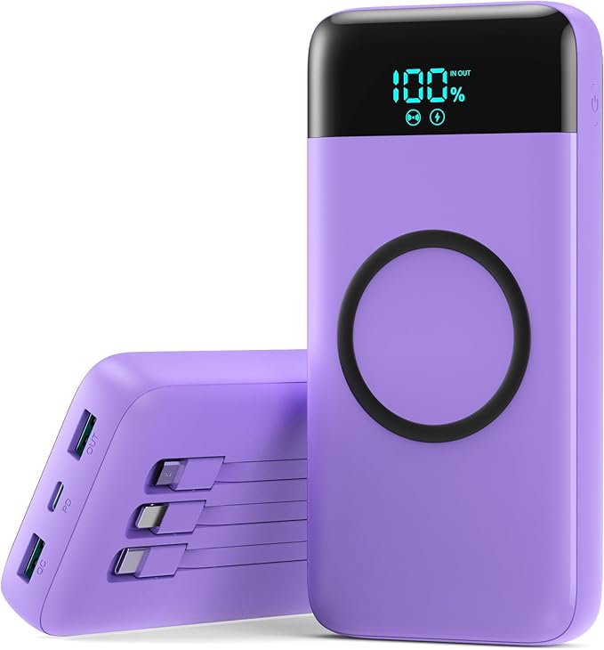 Wireless Portable Charger 40800mAh for iPhone with 3 Built-in Cables,7-in-1 15W Wireless Charging USB C Power Bank,25W PD Fast Charging Travel Essential Battery Pack for iPhone 17/16/15,Android-Purple