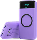 Wireless Portable Charger 40800mAh for iPhone with 3 Built-in Cables,7-in-1 15W Wireless Charging USB C Power Bank,25W PD Fast Charging Travel Essential Battery Pack for iPhone 17/16/15,Android-Purple