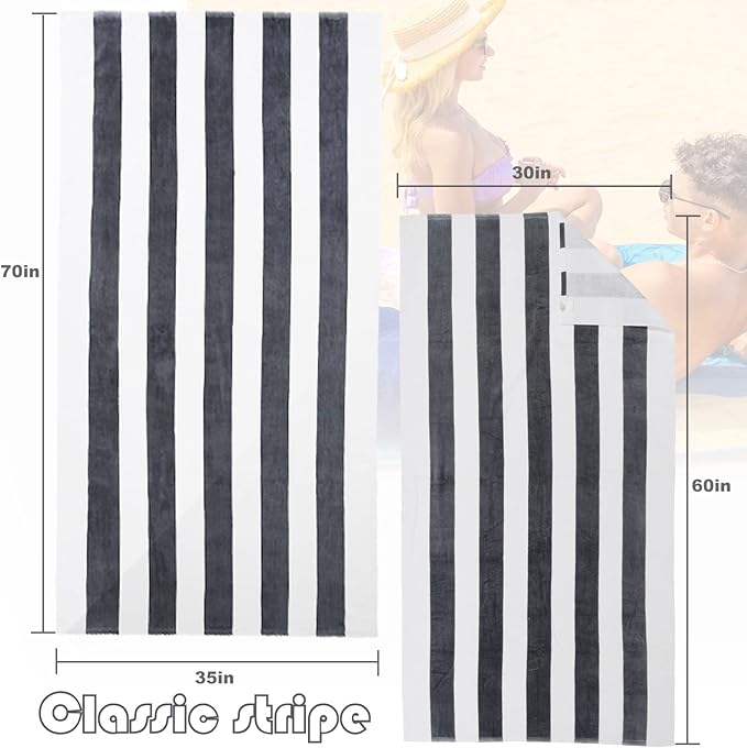 Exclusivo Mezcla 2 Pack Cotton Large 30x60 Inches Cabana Stripe Beach Towels, Super Absorbent Soft Plush Pool Bath Towel (Charcoal Grey)