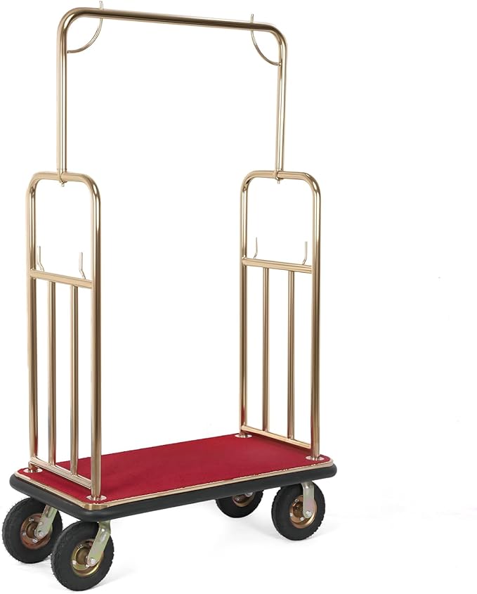 Generic Hotel Luggage Cart Wagon 39Lx19Wx68H Inch Metal Hotel Luggage Trolley Holds 881lbs 8-inch Silent Rubber Casters Carpet Deck Bumper Rails Bellman Cart for Hospitality Industry
