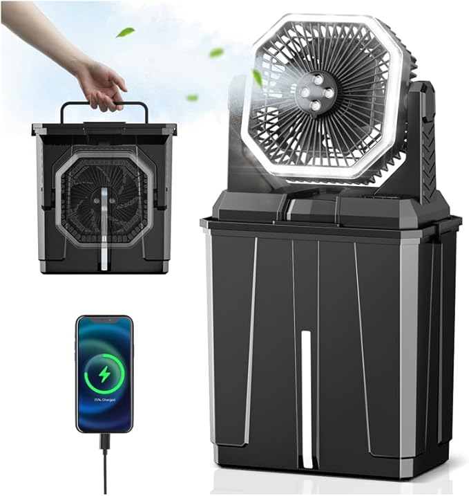 Allsion Rechargeable Misting Fan, 24000mAh Camping Misting Fan with 8L Water Bucket, 3-Speed Outdoor Cooling Fan with LED Lights, 120°Oscillation for Camping, Backyard, Patio,Outdoor-Black