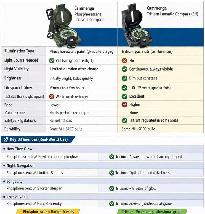 Cammenga Compass Military Grade Phosphorescent - Lensatic Compass Shock, Sand, and Waterproof, Tactical, Navigation - Made in The USA