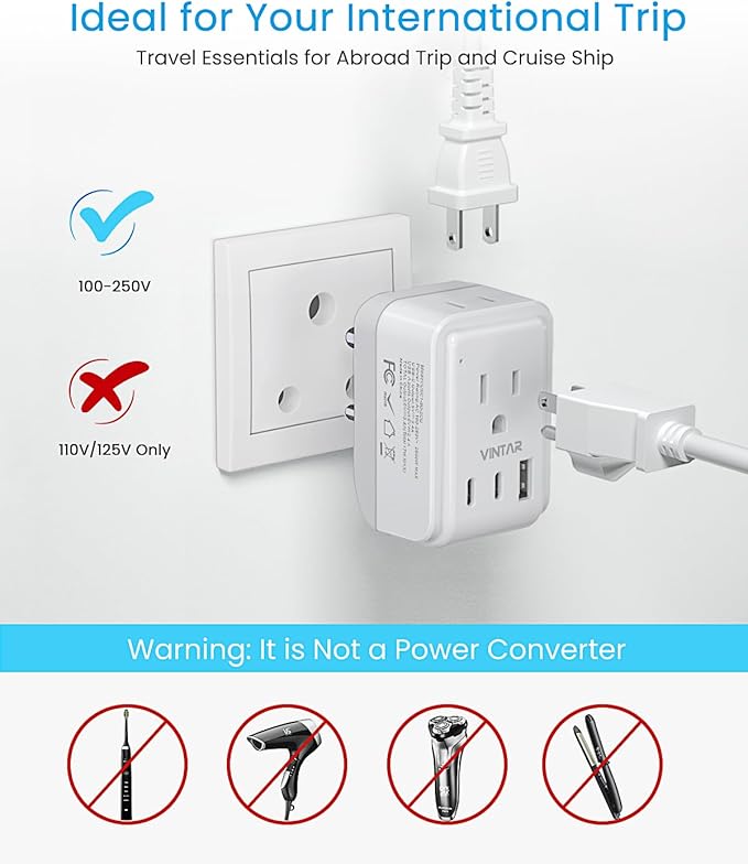 1 Pack US to India Plug Adapter, VINTAR Foldable India Power Adapter with 2 Outlets and 3 USB Ports(2 USB C), 5 in 1 Type D Plug Adapter for US to India Bangladesh Maldives Pakistan Sri Lanka