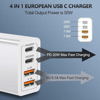 European Travel Plug Adapter USB C, 55W USB C European Charger 4-Port Fast Charger Type C Wall Charger USA to Europe Plug Adapter for iPhone 17 16 15 14 13 12 11 Pro Max X 8, Galaxy, Android