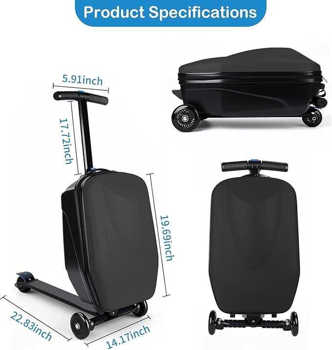 Scooter Suitcase Carry On Hardshell Ride On Suitcase Scooter for Kids Age 4-15, Multifunctional Ride On Lightweight Kids Luggage with Wheels(Black)