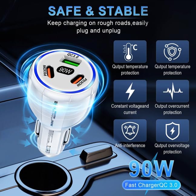 Amiss Car Charger Adapter, 3 Port USB-C & USB-A 90W Fast Charger, Car Interior Accessories, Essential Travel Gifts for Men and Women, Fit for iPhone 17/16/15/14/13Pro Max, Samsung, Android (White 1pc)