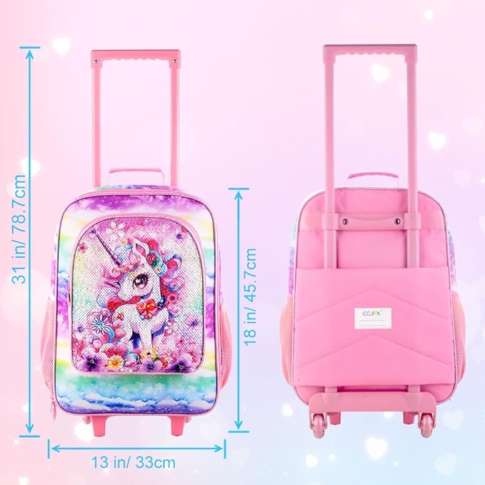 Girls Luggage, Kids Sequins Rolling Luggage, Cute Unicorn Travel Carry on for Elementary Preschool Toddler