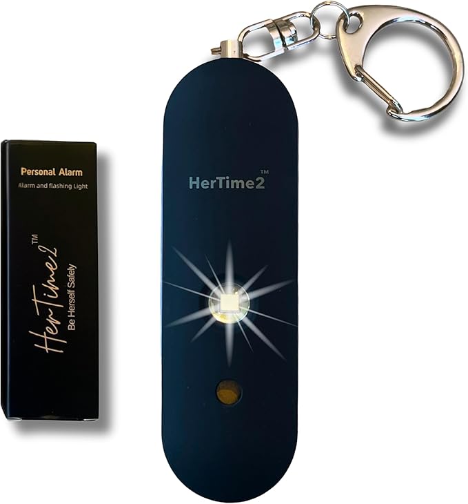 HerTime2 Personal Safety Alarm for Women - Loud Self Defense Siren, Waterproof Keychain with Strobe Light - Battery Powered, Black