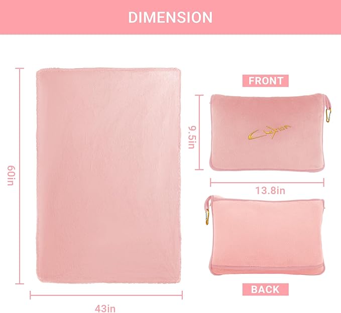Travel Blanket and Pillow Set, 300 GSM Soft Fleece, 60x43 Inches, 3-in-1 Compact with Bag, Pink