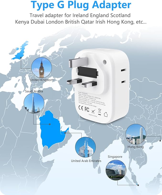 LENCENT 2 Pack US to UK Ireland Travel Plug Adapter,Grounded Type G Adapter For Travel with 4 Outlets 4 USB Ports (2 USB C), Power Plug for USA to Dubai Scotland British London England Hong Kong