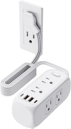 HITRENDS 6 Outlet Power Strip with Surge Protector & ETL Listed, 5ft Extension Cord, 4 USB Ports (3A+1C), Flat Plug, 1250W/10A, Wall Mount, Multi Outlet Extender for Home Office Dorm - White