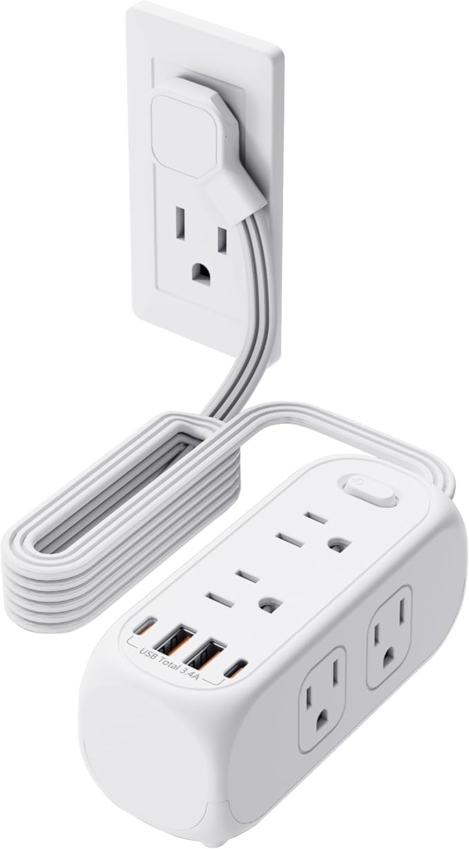 HITRENDS 6 Outlet Power Strip with Surge Protector & ETL Listed, 5ft Extension Cord, 4 USB Ports (3A+1C), Flat Plug, 1250W/10A, Wall Mount, Multi Outlet Extender for Home Office Dorm - White