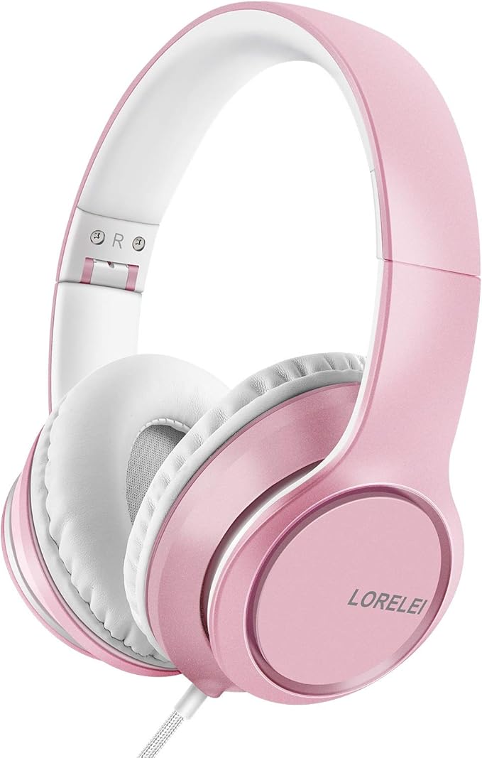 LORELEI X8 Over-Ear Wired Headphones with Microphone with 1.45m-Tangle-Free Nylon Line&3.5mm Plug,Lightweight Foldable & Portable Headphones for Smartphone,Tablet,Computer,Mp3/4（Pearl Pink）