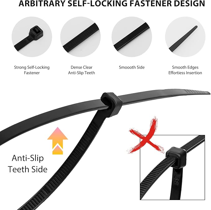 Zip Ties Assorted Sizes(4”+6”+8”+12”), 2000 Pack,Black Cable Ties,Multi-Purpose Self-Locking Nylon Cable Cord Management,Plastic Wire Ties for indoor and outdoor use.