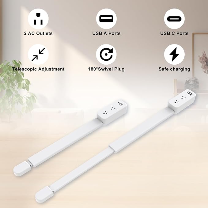 Outlet Extender Stick - Features USB-A, USB-C and 2 AC Outlets, Extends 22"-34", Rotates 180° Access Hard-to-Reach Outlets, Wall Plug Power Socket Expander Nightstands, Sofa, Desks and More
