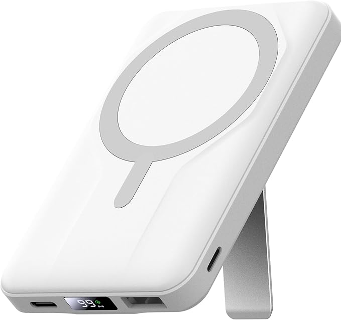Azmuth Magnetic Wireless Power Bank 10000mAh, 15W Portable Charger Compatible with MagSafe for iPhone 17/16/15/14/13/12 Series Built-in Stand LED Display 20W PD USB-C 22.5W USB-A White