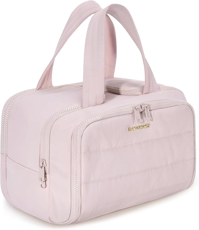 BAGSMART Travel Toiletry Bag, Crush Toiletry Bag for Women, Wide-open Puffy Toiletry Bags for Traveling, Large Travel Cosmetic Makeup Bag Organizer for Accessories,Toiletrie, Pink