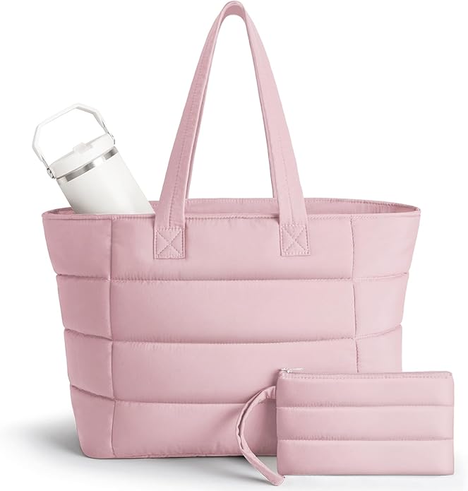 Puffer Tote Bag with Pouch,Women's Lightweight Quilted Shoulder Bag,15.6"/17.3" Laptop Travel Weekender for Work & Nurses