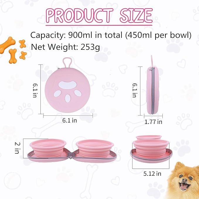 Collapsible Dog Bowls, Portable Dog Bowl, Travel Water Bowl for Dogs Camping Essentials, 2-in-1 Water Food Feeder Double Bowl for Traveling Camping Walking Hiking (Pink)