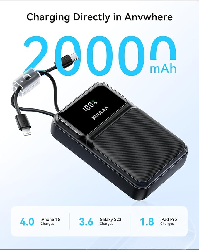 Kuulaa Portable Charger with Built in Cables 20000mAh, Travel Power Bank with LED Display, 22.5W Fast Charging Battery Pack for iPhone 17 16 15 14 13 12 Android