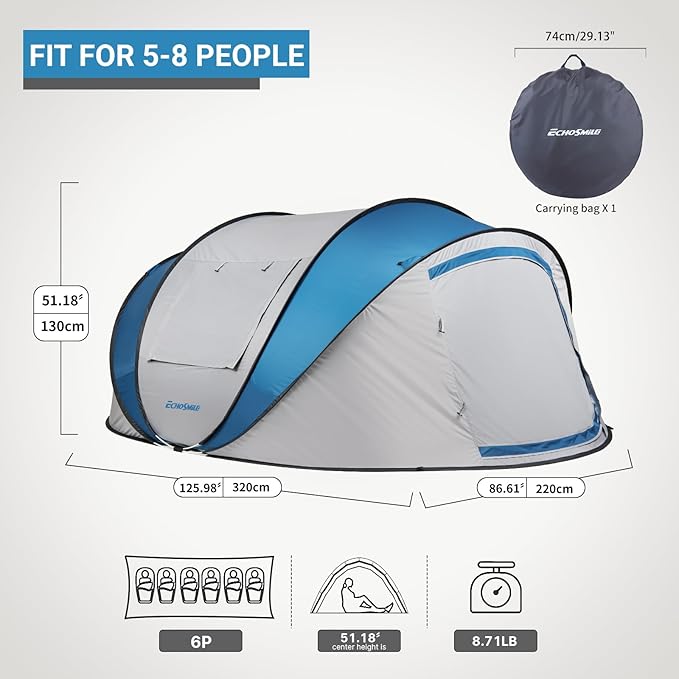 EchoSmile Pop Up Camping Tent, 2/4/6 Person Easy Setup Tent, Water Resistant Dome, Portable with Carry Bag