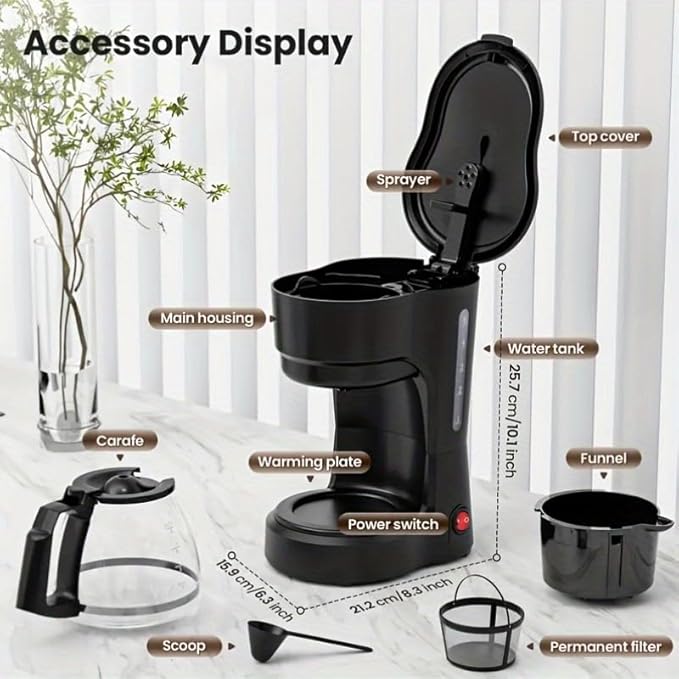 Coffee Maker, 5 Cup Drip Coffee Machine with Glass Carafe, Compatible with Ground&Tea Leaves – Portable Small Cafetera for Home, Office, Travel & Camping-Black