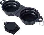 SLSON Collapsible Dog Dual Bowls Reinforced Rim 180 Degrees Flip Over Foldable Double Bowl with Lock Clips More Stable Dog Travel Bowls Pet Food Water Feeder (Black)