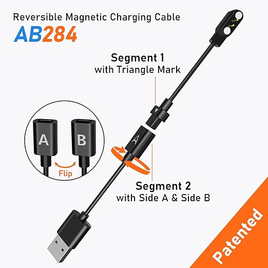 2-Pack AB284 Reversible Smart Watch Charger – Innovative Magnetic Charging Cable, Solves Polarity Mismatch, Universal for All 2.84mm-Pin-Pitch Devices: Select Bone Conduction & Open-Ear Headphones