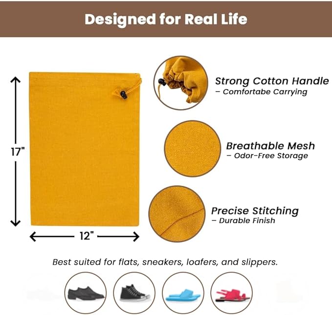 LFH Cotton Rich Shoe Storage Bags with Drawstring, Dustproof Breathable Reusable Organizer, Perfect For Travel, Dorm, Hotel, College, Gym, Easy to Carry, Machine Washable 12"x17" (Pack of 4) - Golden
