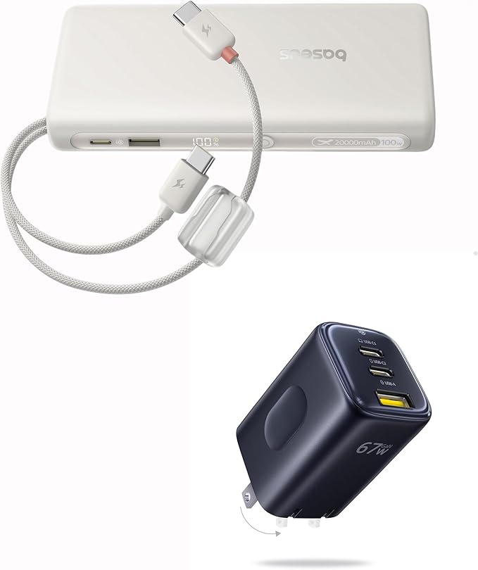 Baseus Portable Charger with Built in Cable, 100W Laptop Power Bank 20000mAh Bundle with PICOGO 67W USB C Charger, Smallest 3 Port Fast Charging Block with Foldable Plug