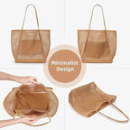 CWB&ADB Large Mesh Beach Tote Bag, Foldable Summer Handbag, Tan
