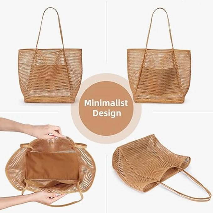 CWB&ADB Large Mesh Beach Tote Bag, Foldable Summer Handbag, Tan