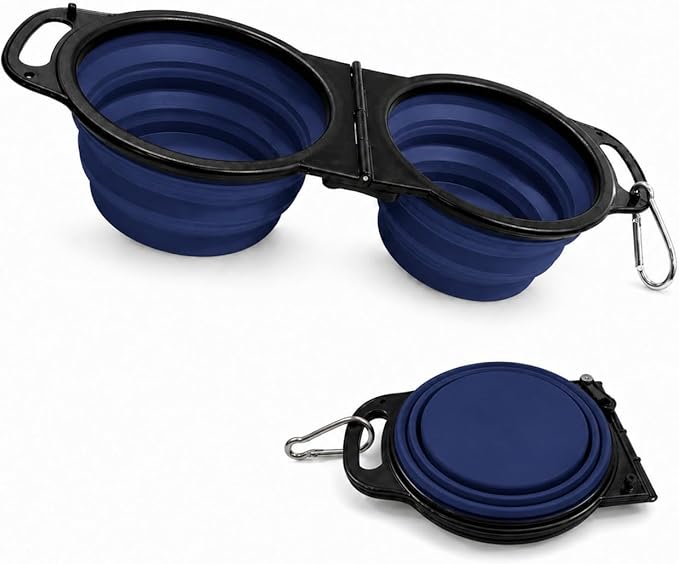 Collapsible Dog Bowls with Carabiner, Double Portable Travel Pet Bowls for Food and Water, Foldable Silicone Dog Bowl for Walking, Hiking, Camping, Small Medium Dogs and Cats, Gray