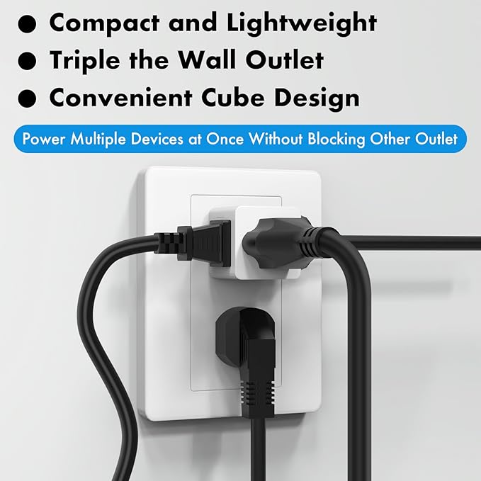 POWERCORDS 3 Power Blocks Outlet Splitter,Grounded Wall Tap, 3-Prong Plug Adapter AC Multi Plug Wall Outlet, Power Splitter, Cruise Essentials, for Home Office School Dorm, UL Listed,Assorted Color