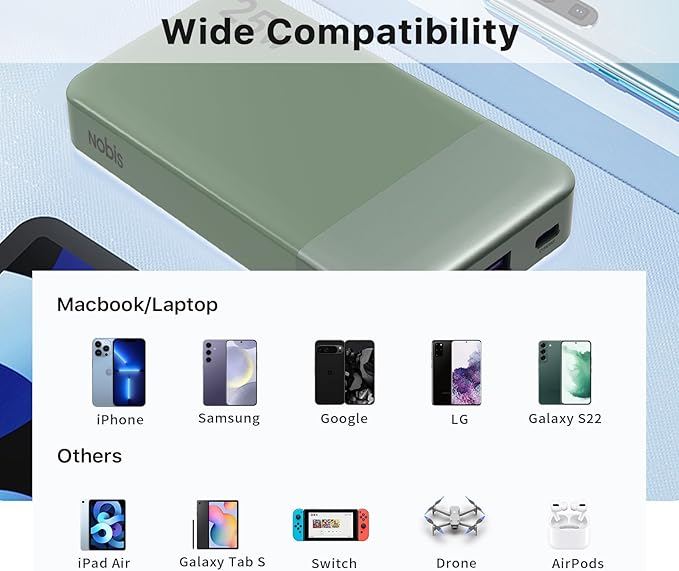 NOBIS Portable Charger, 10000mAh Power Bank Fast Charging, Battery Pack with C to C Cable, Battery Bank with Digital Display for iPhone iPad Android etc