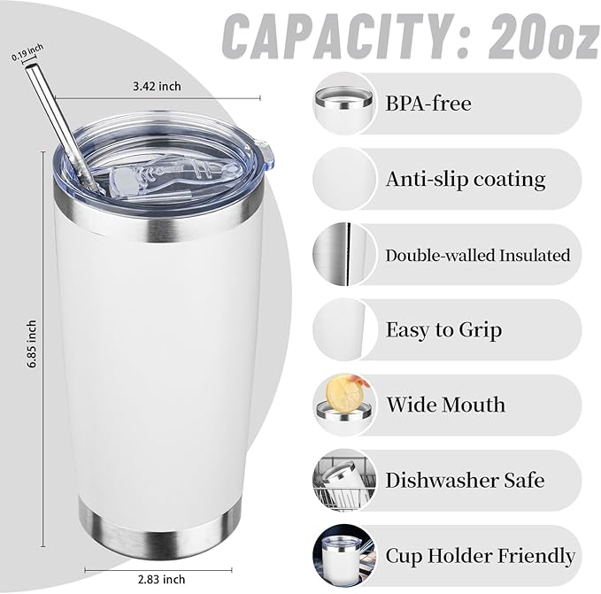 20 oz Tumbler with Lids and Straws, Stainless Steel Insulated Travel Coffee Mug, Double Wall Vacuum Insulated Tumblers, Powder Coated Coffee Tumbler for Cold & Hot Drinks (White)