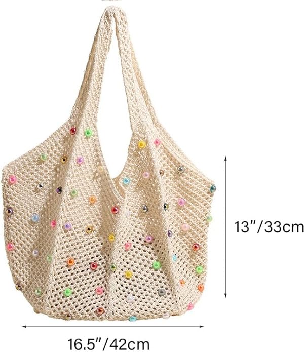 Boho Crochet Beach Tote Shoulder Bag with Colored Beads | Colorful Aesthetic Hippie Knit Bag for Women