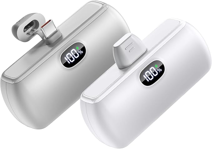 [2-Pack] Portable Charger Mini for iPhone17/16/15/Android Series, 5000mAh USB C Cell Phone Power Bank, 22.5W Max Fast Charging Battery Pack Travel Essential, LCD Display, LightGray&White