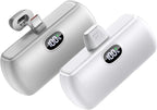 [2-Pack] Portable Charger Mini for iPhone17/16/15/Android Series, 5000mAh USB C Cell Phone Power Bank, 22.5W Max Fast Charging Battery Pack Travel Essential, LCD Display, LightGray&White