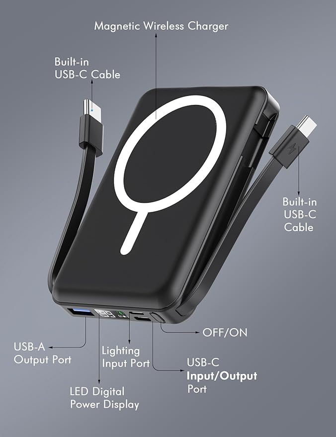 podoru for Magsafe Battery Pack, 10000mAh Magnetic Power Bank Built-in Double USB C Cables 20W PD Fast Charging LED Display Wireless Portable Charger for iPhone 17/16/15/14/13/12 Series-Black
